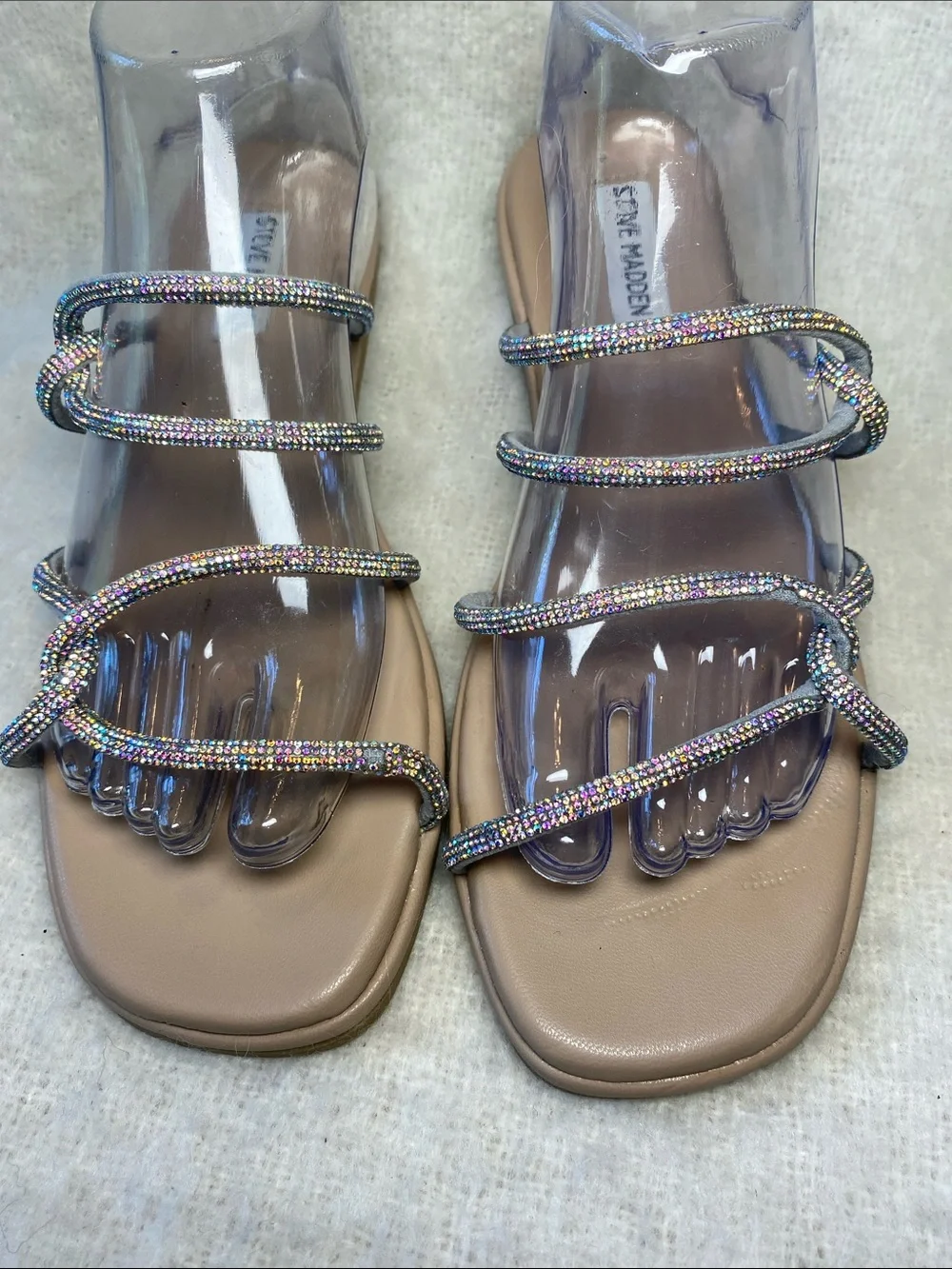 Steve Madden Tan Slide Sandals with Iridescent Beaded Straps